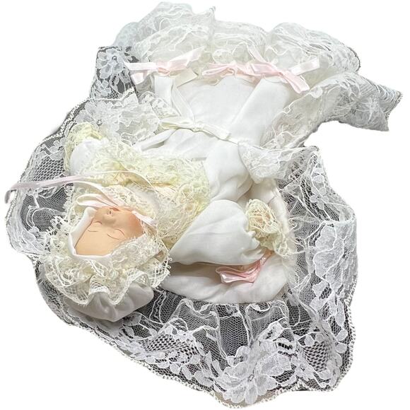 Miniature Porcelain Baby Doll in White Lace Bonnet Collectible Decor - Picture 4 of 9